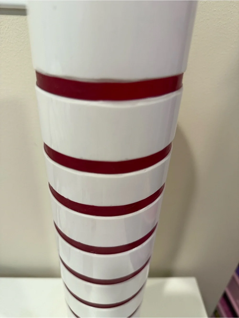 NWT Vintage Studio Nova White Ceramic Cylinder Vase with Red Stripe Accents